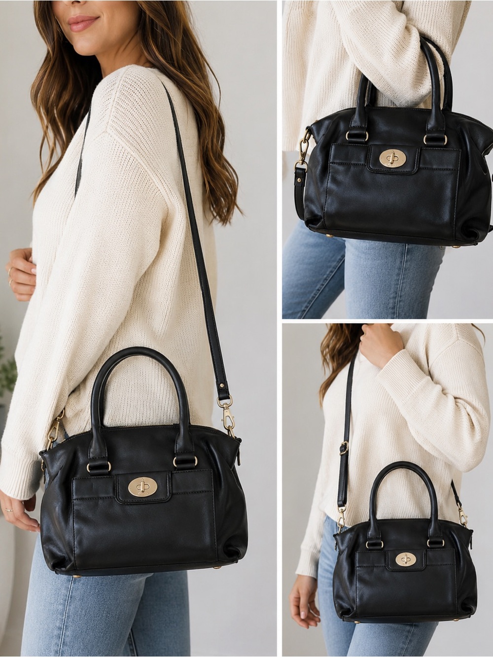 Kate Spade New York Hampton Road Jeanne Black Leather Satchel Bag With Strap